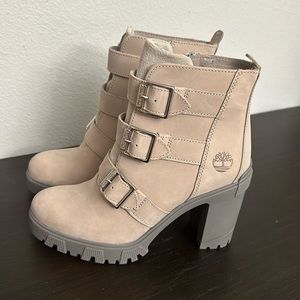 TIMBERLAND Lana Point Buckled Block-Heel Boots Pure Cashmere Grey Tan Size 8